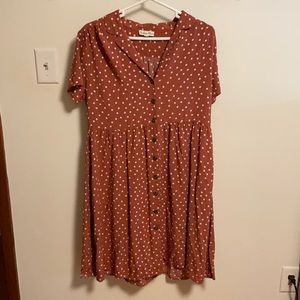 Polkadotted Orange Button Down Collared Midi Dress
